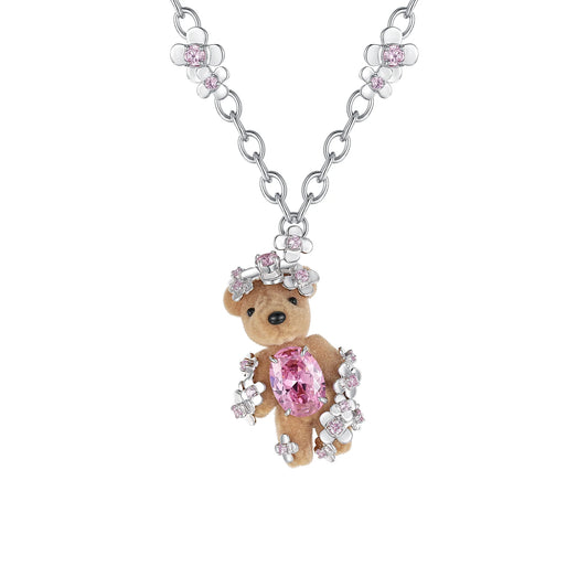 Paradise / Flower Covered Flocked Bear Necklace