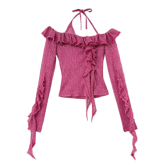 Pink Off-the-shoulder Asymmetric Tie-front Cardigan