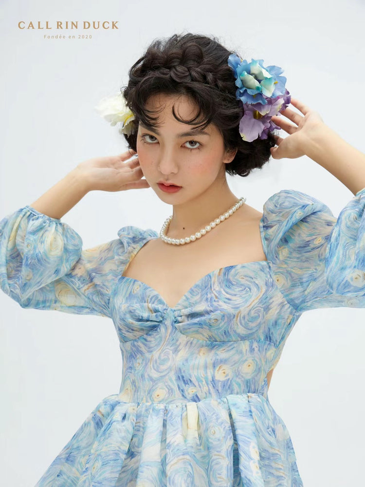 Starry Sky Painting Short Puff Dress