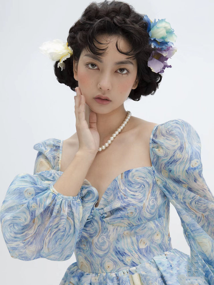 Starry Sky Painting Short Puff Dress