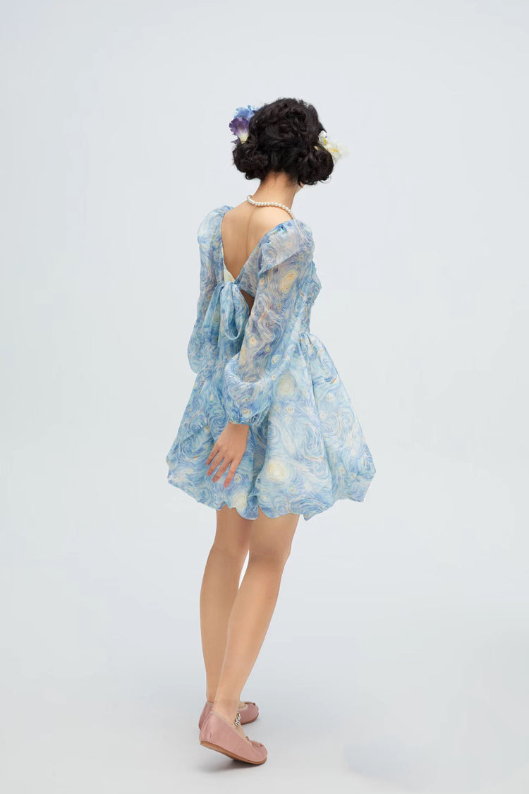 Starry Sky Painting Short Puff Dress