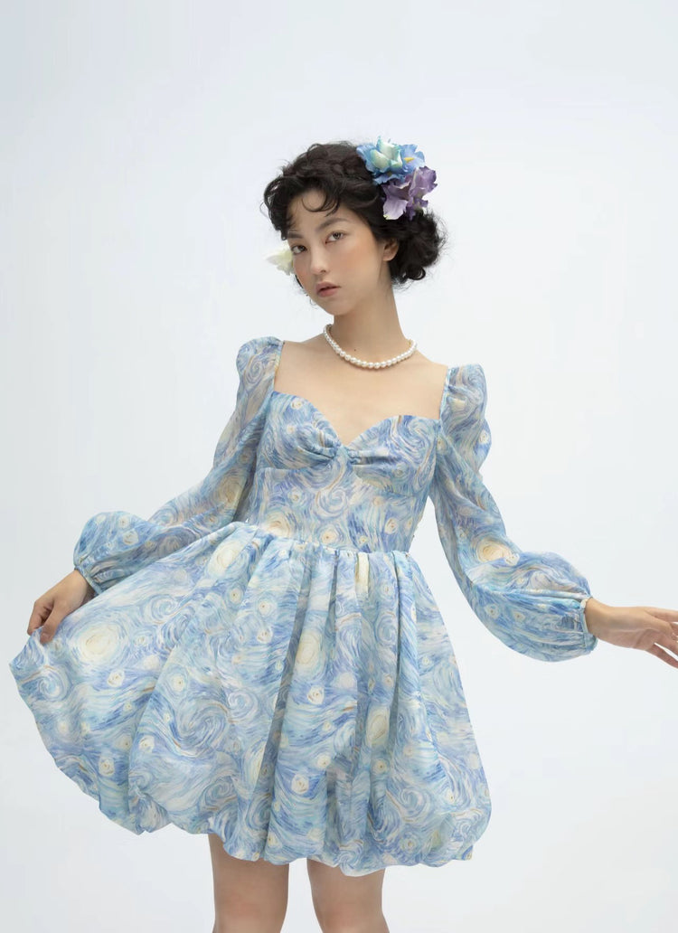 Starry Sky Painting Short Puff Dress