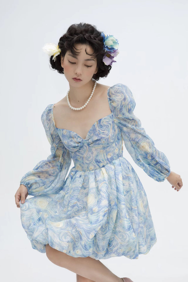 Starry Sky Painting Short Puff Dress