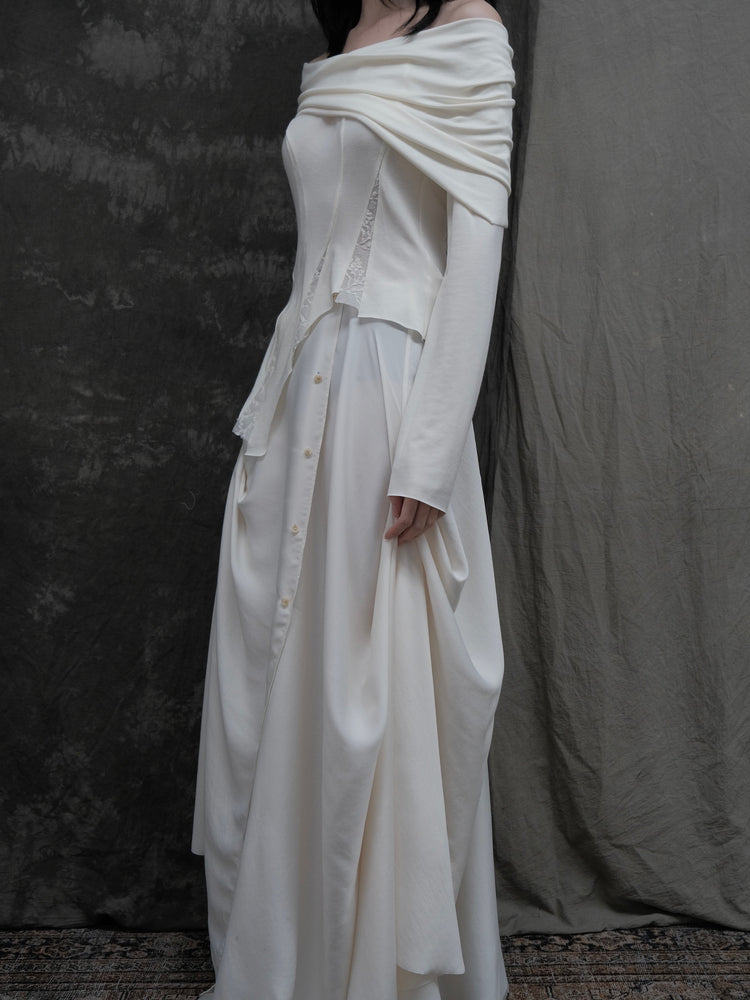 White Drape Mid-length Skirt With Button