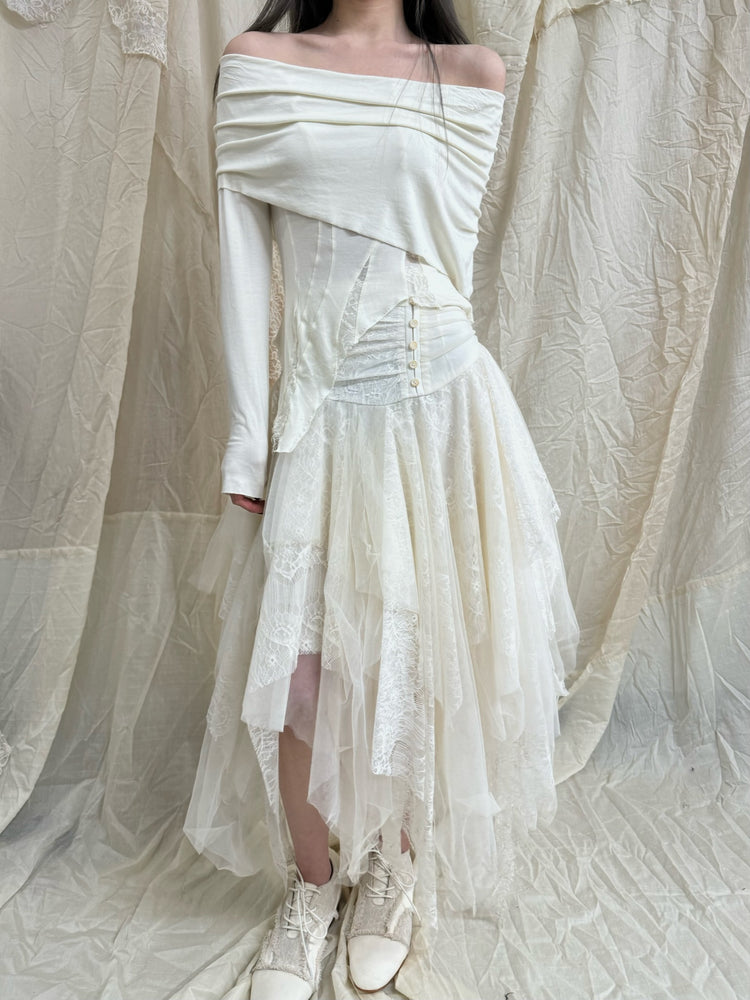 White Lace Asymmetric Mesh Mid-length Skirt