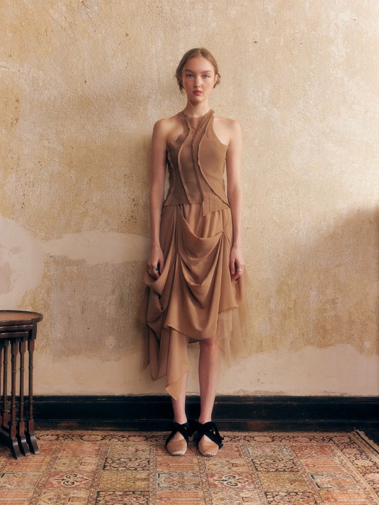 Brown Chiffon Elastic-waist Half Skirt