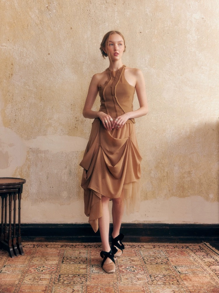 Brown Chiffon Elastic-waist Half Skirt