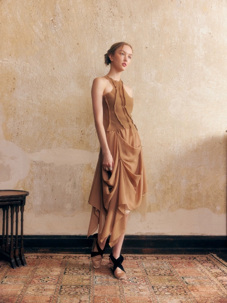 Brown Chiffon Elastic-waist Half Skirt