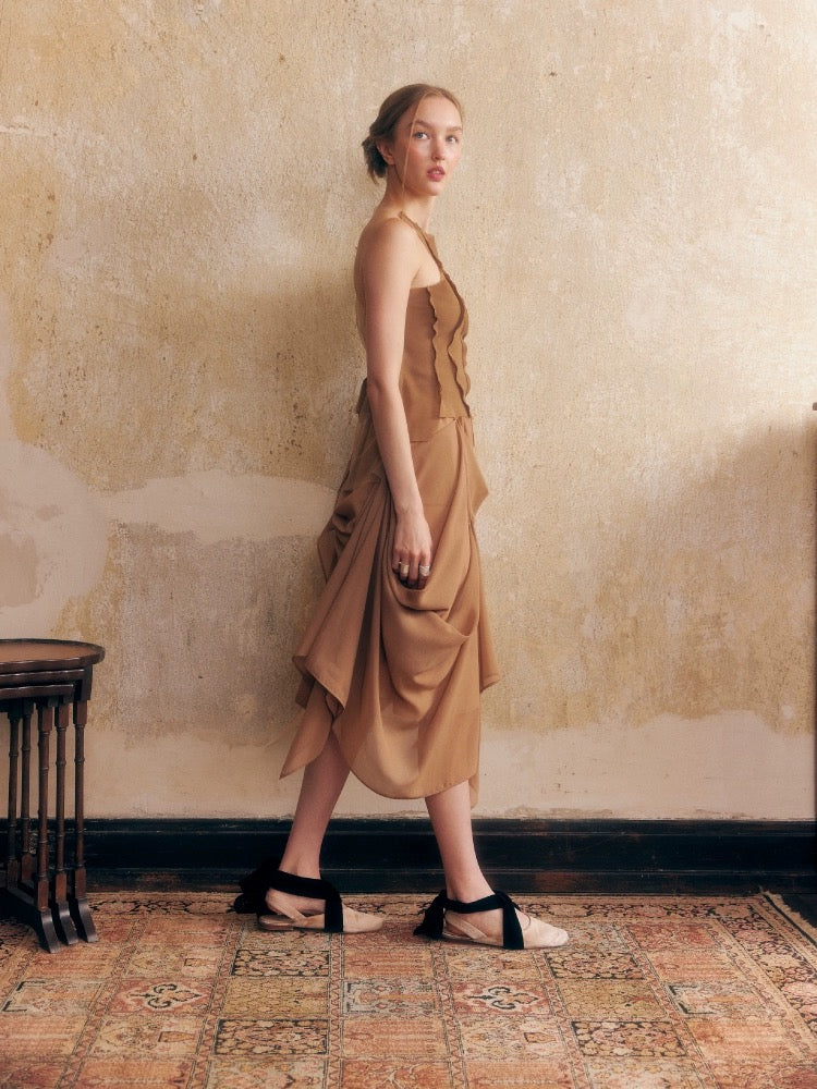 Brown Chiffon Elastic-waist Half Skirt