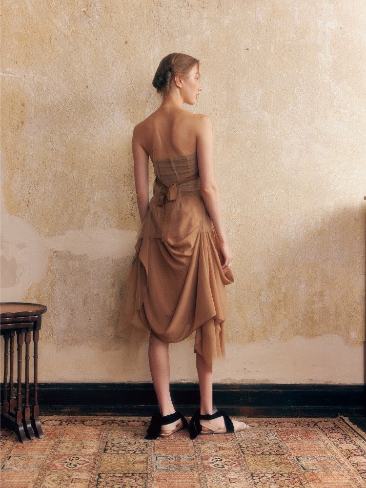 Brown Chiffon Elastic-waist Half Skirt