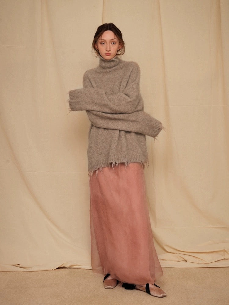 Destroyed-edge Camel-colored Long-sleeve Sweater