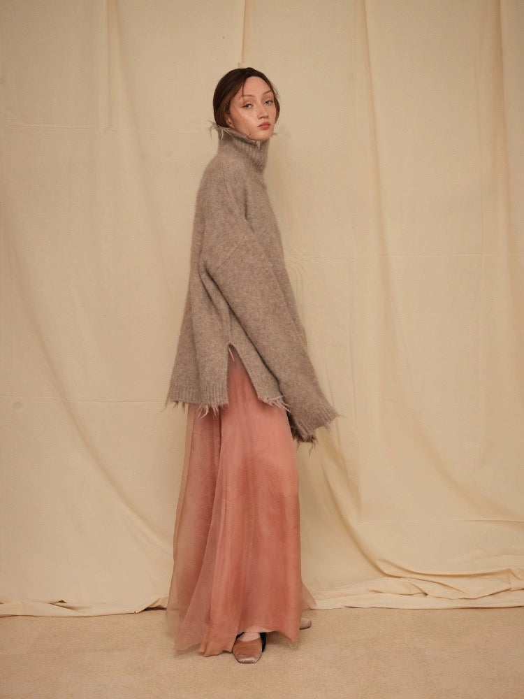 Destroyed-edge Camel-colored Long-sleeve Sweater