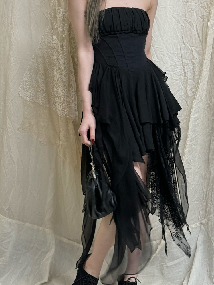 Black Fold Pleated Strapless Short Dress