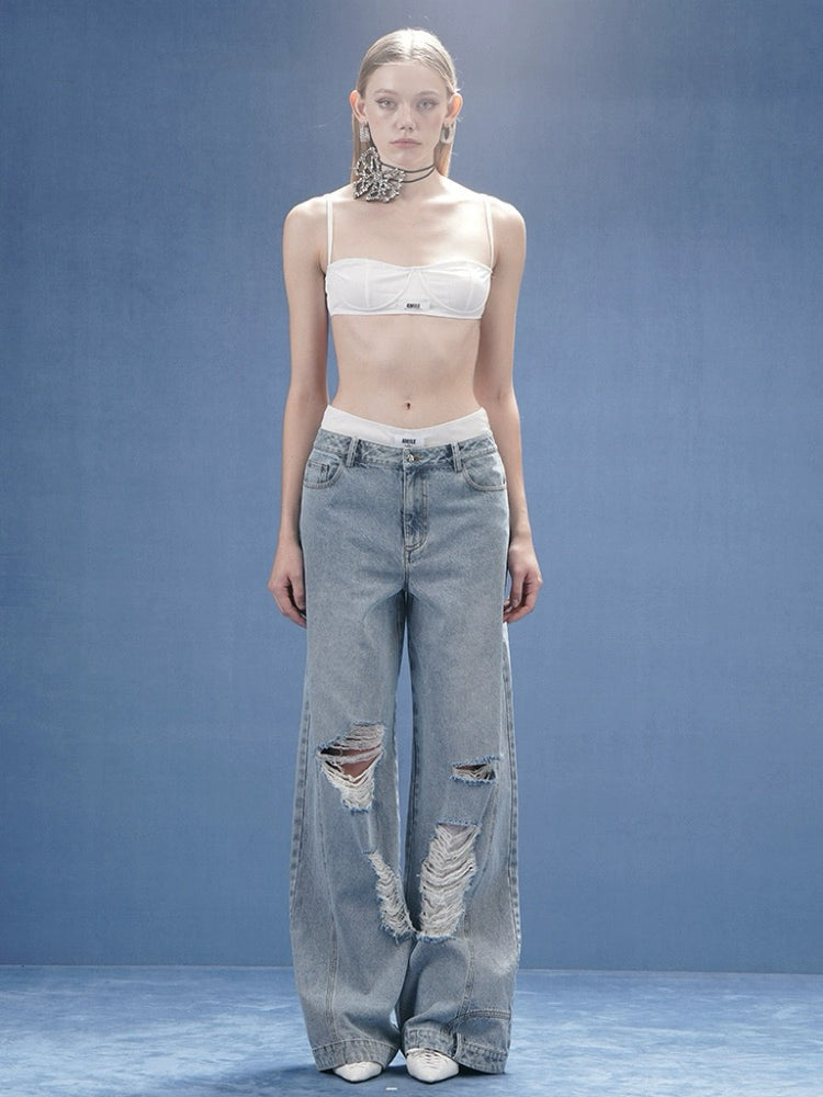 Blue Distressed Wide-leg Jeans