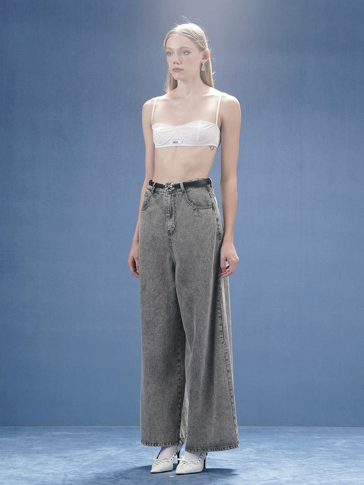 Metallic-buckled Wide-leg Jeans