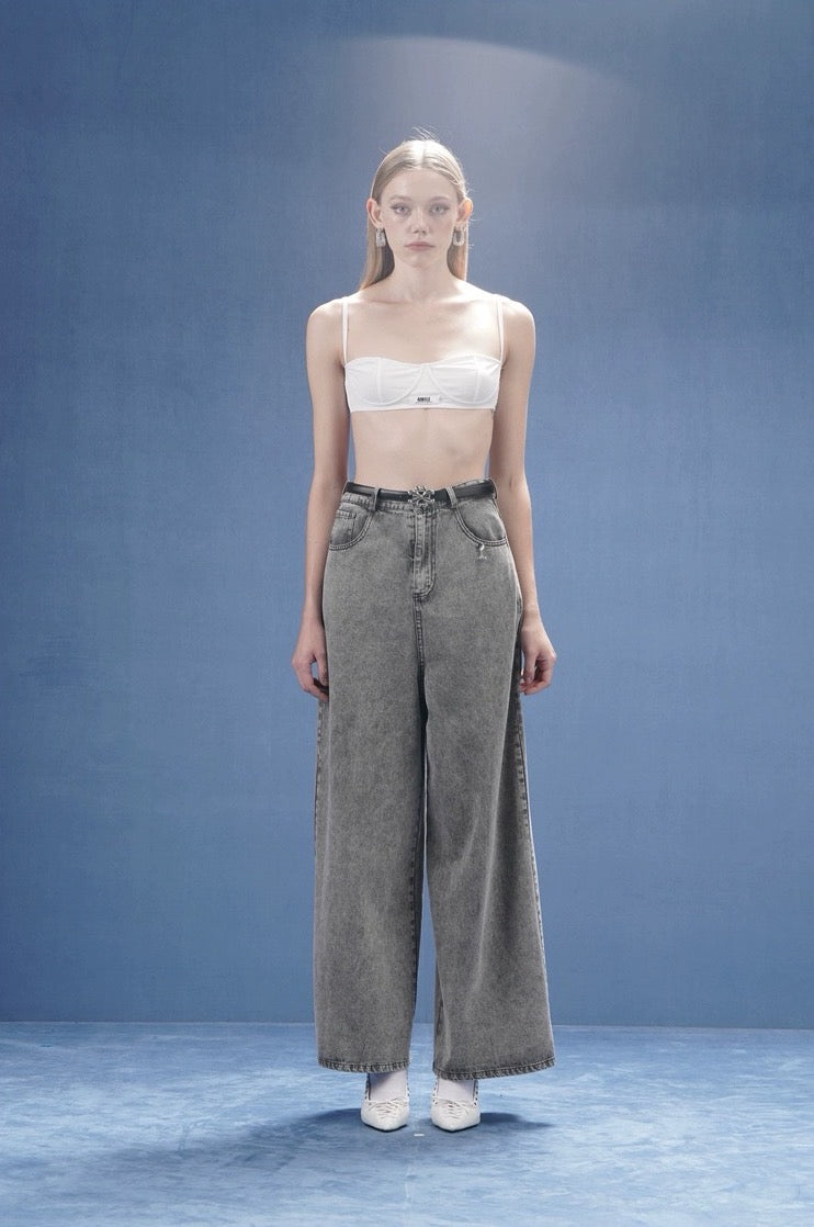 Metallic-buckled Wide-leg Jeans