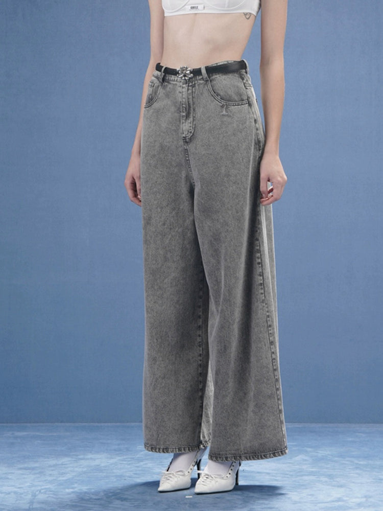 Metallic-buckled Wide-leg Jeans