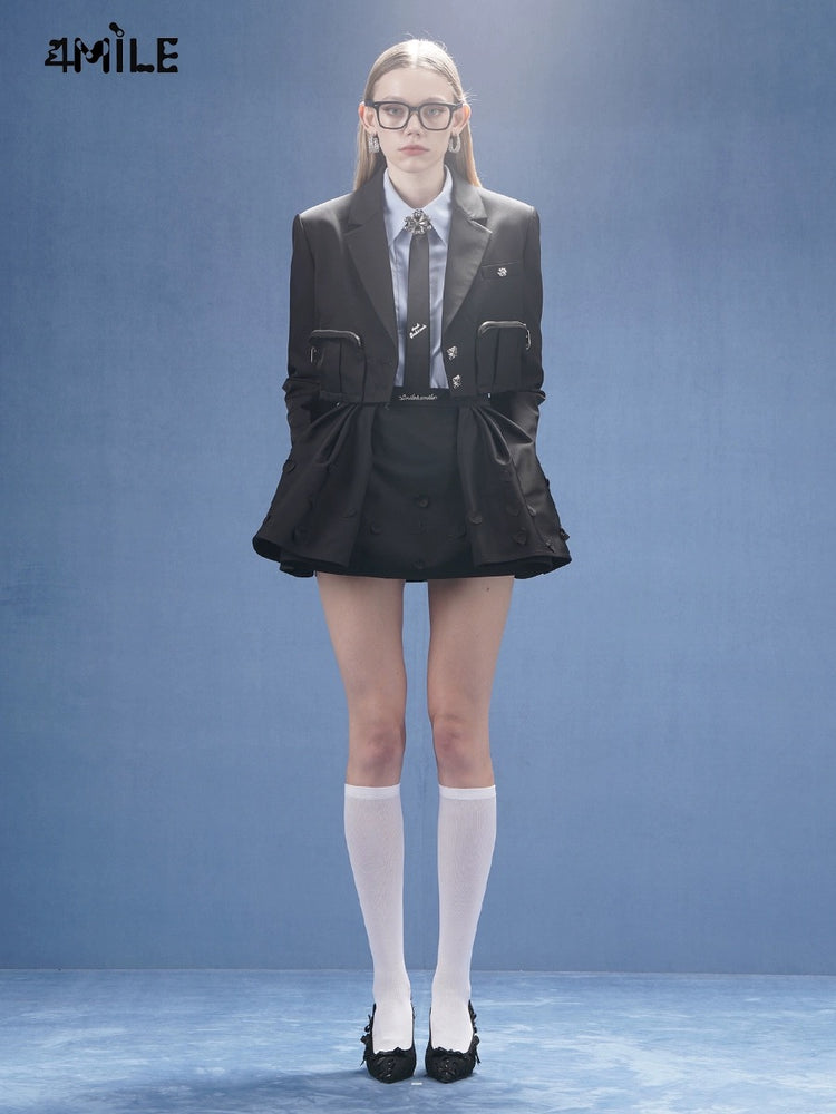 Black Three-dimensional Zipper Pocket Short Suit