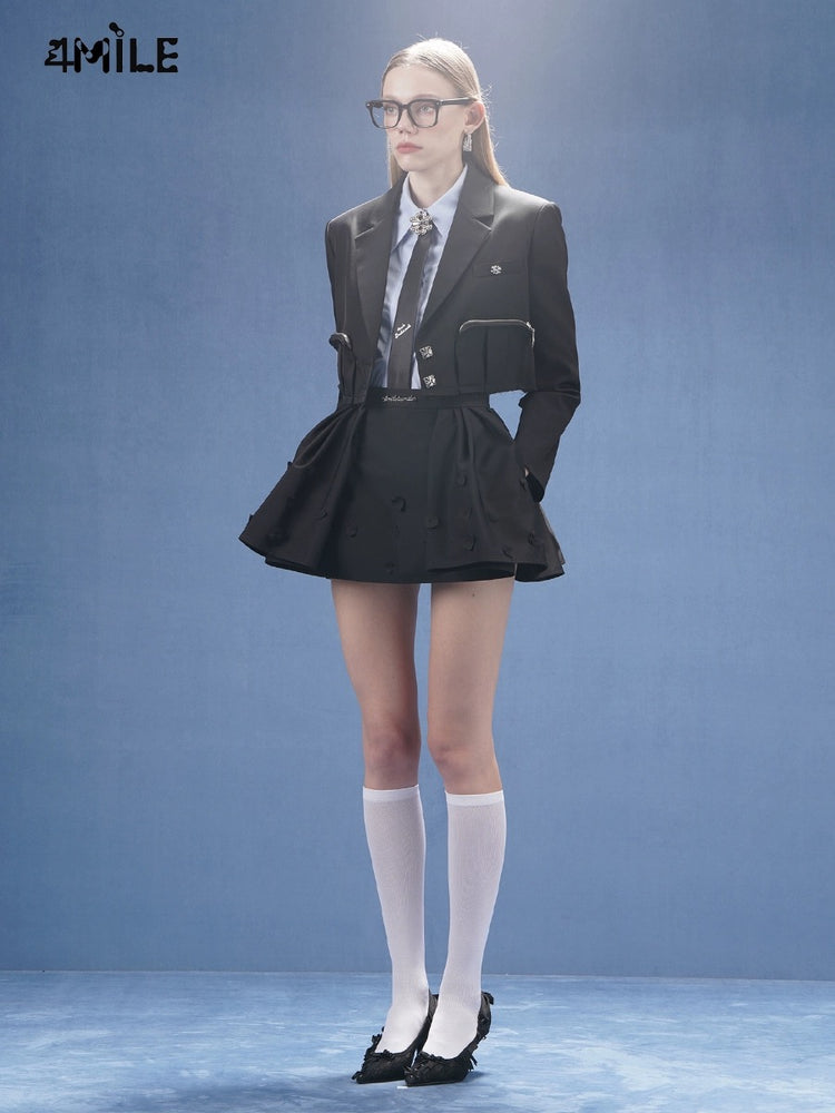 Black Three-dimensional Zipper Pocket Short Suit