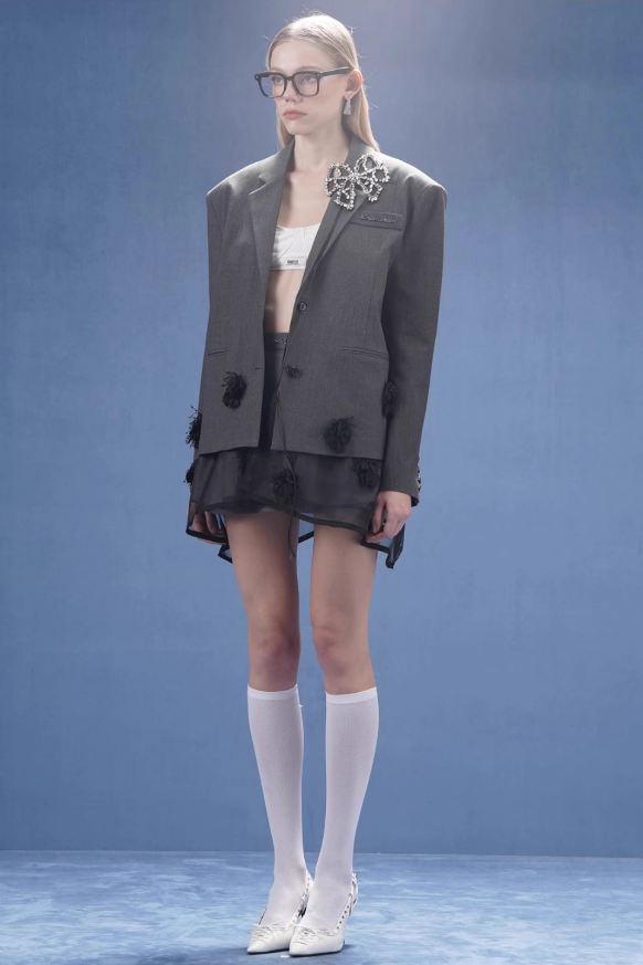 Feather Lace Stitching Sparkling Diamond Bow Blazer