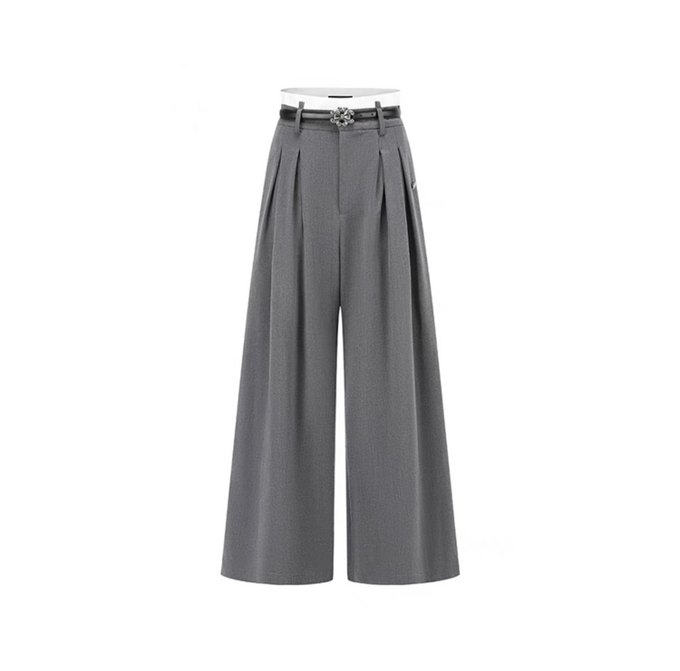 Grey Color-blocked Double-layered Wide-leg Suit Trousers