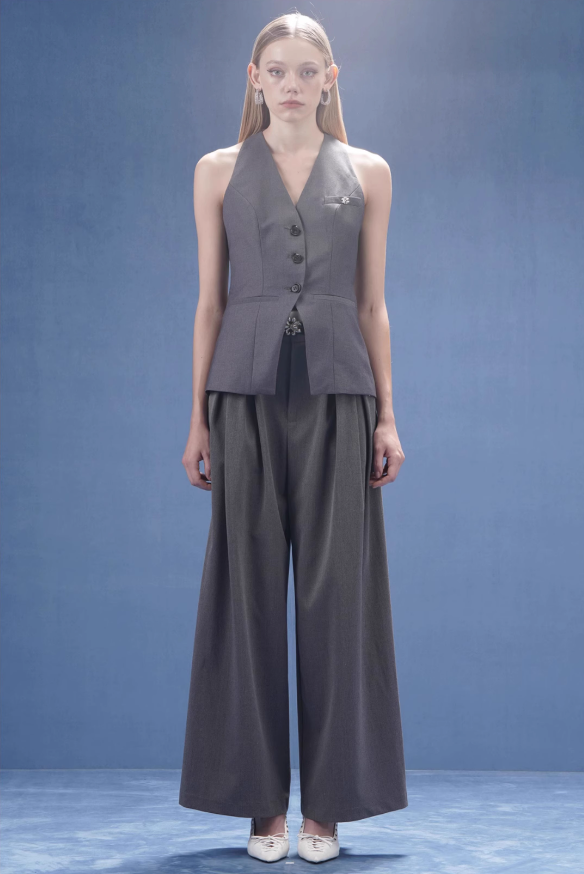 Grey Color-blocked Double-layered Wide-leg Suit Trousers