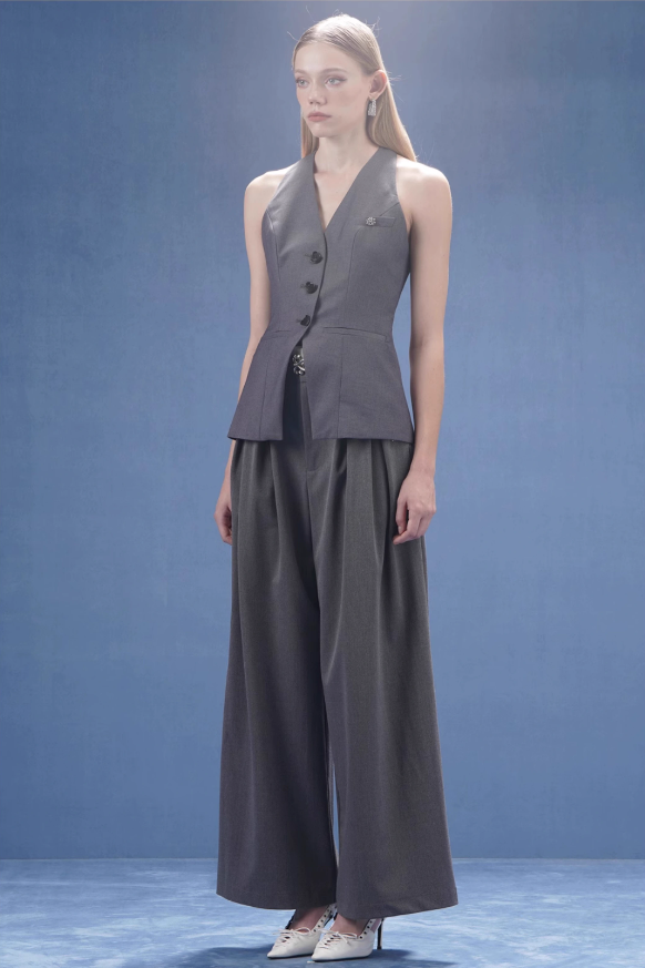 Grey Color-blocked Double-layered Wide-leg Suit Trousers
