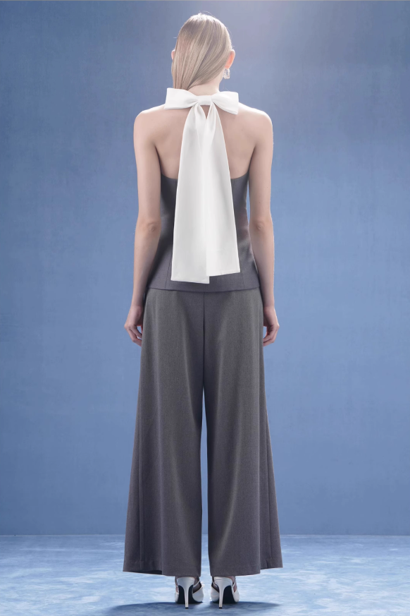 Grey Color-blocked Double-layered Wide-leg Suit Trousers