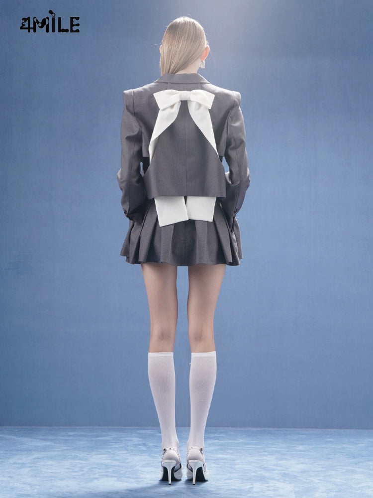 Grey Hollow-out Two-piece Bow Blazer