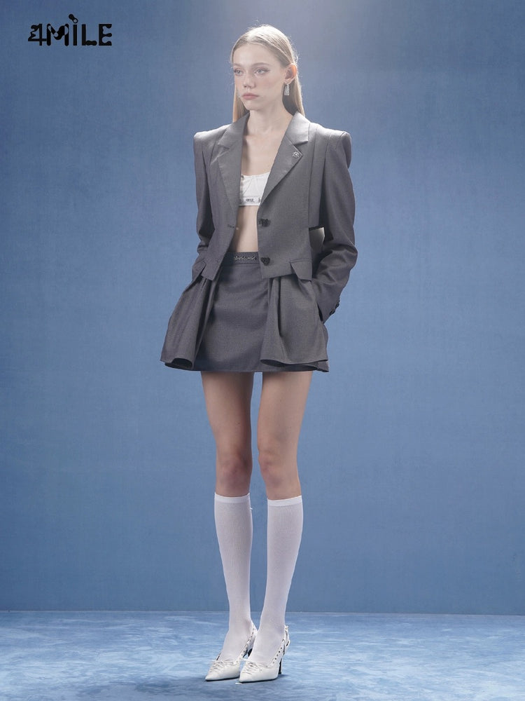 Grey Hollow-out Two-piece Bow Blazer