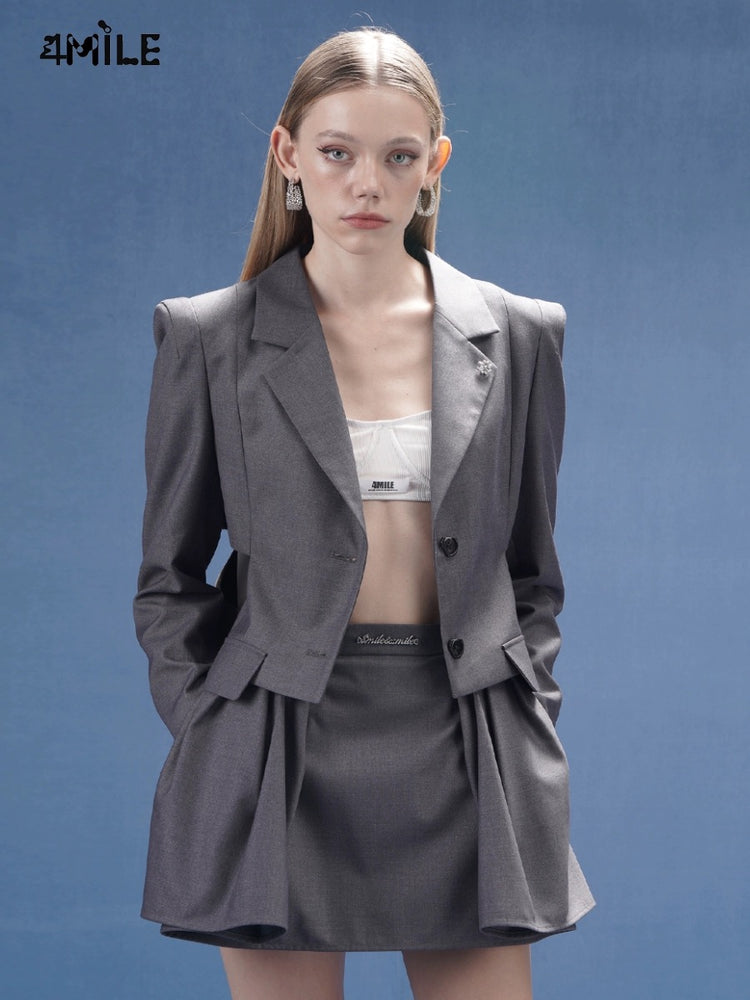 Grey Hollow-out Two-piece Bow Blazer