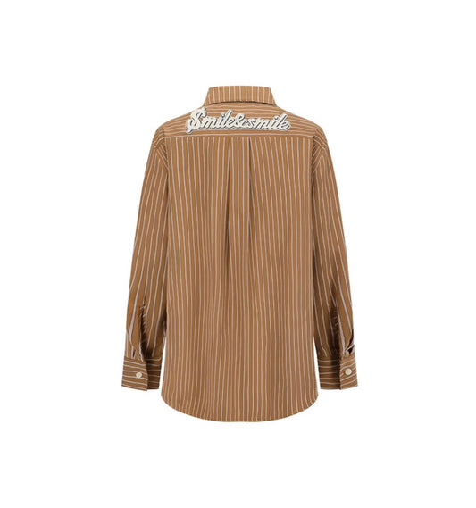 Brown Striped Tie Metal Emblem Shirt