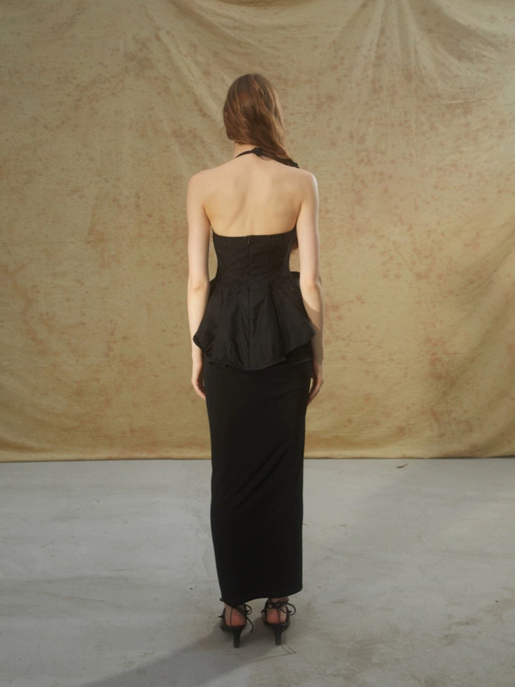 Black Lace Patchwork Ruched Waist Pleated Strapless Top