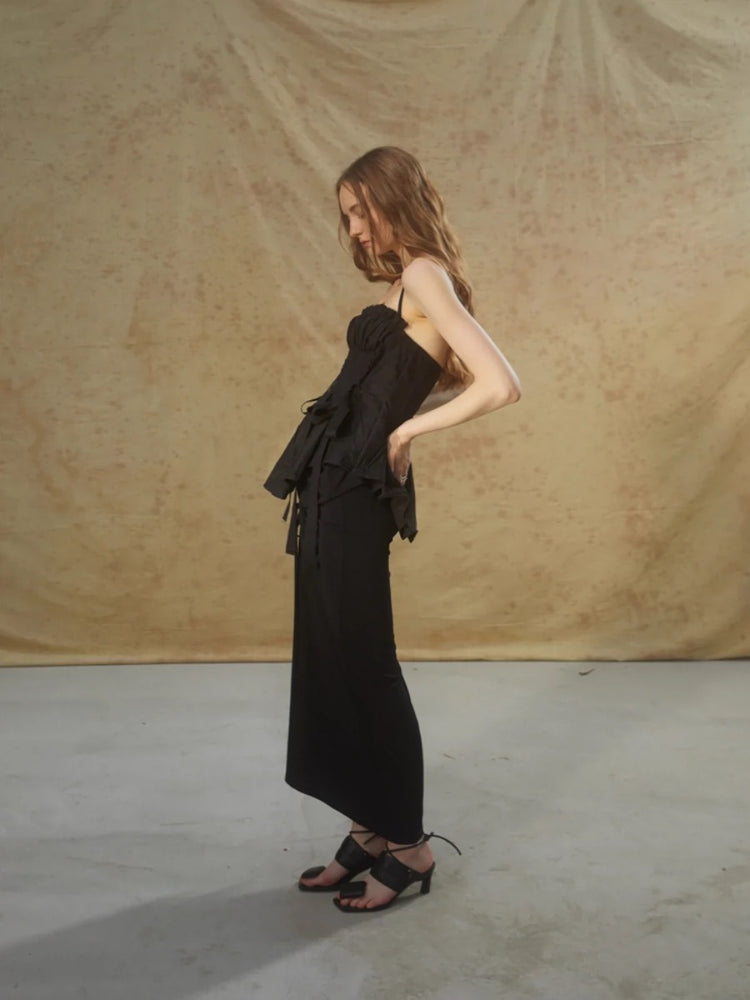 Black Lace Patchwork Ruched Waist Pleated Strapless Top