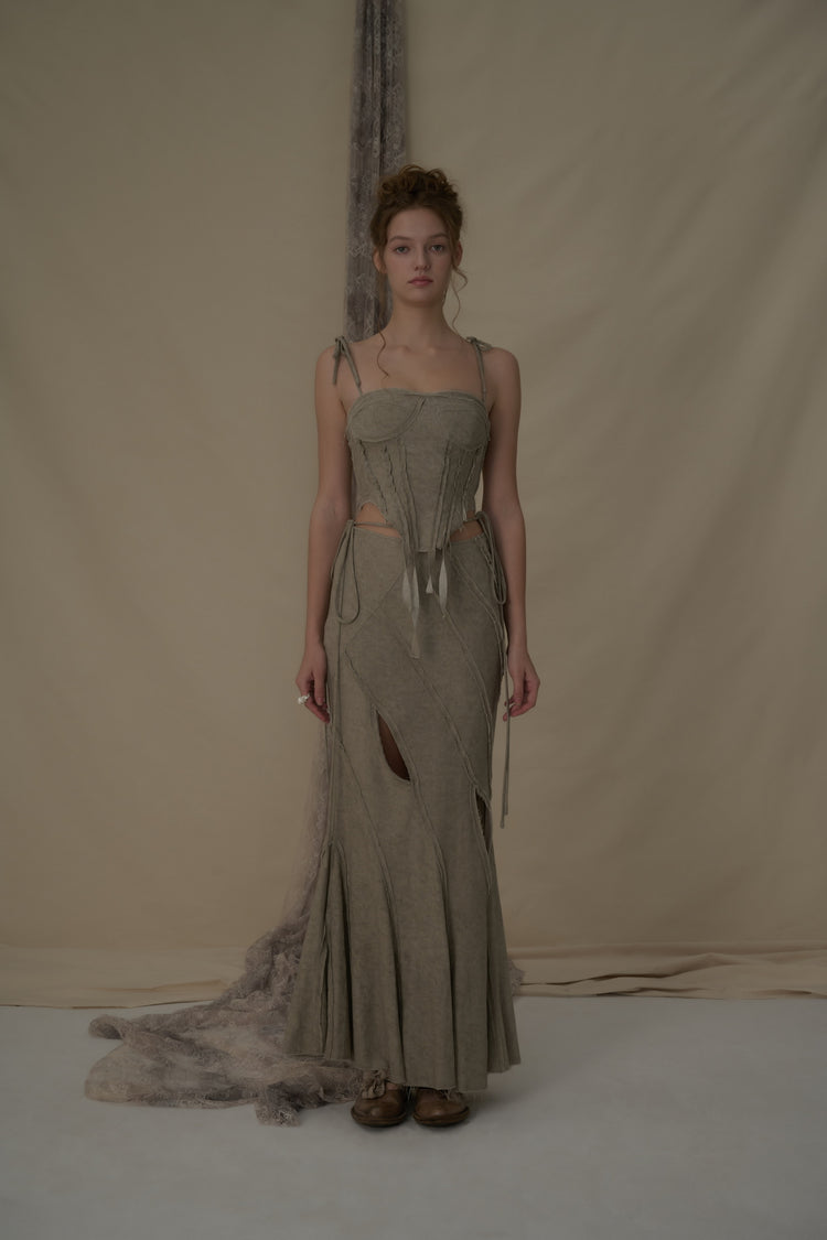 Gray-green Asymmetrical Striped Mermaid Skirt