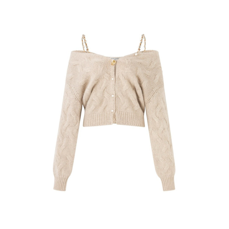 Chain Strap Off-shoulder Twist Texture Knit Sweater