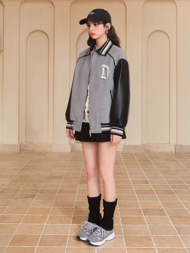 Wool PU Leather Patchwork Baseball Jacket