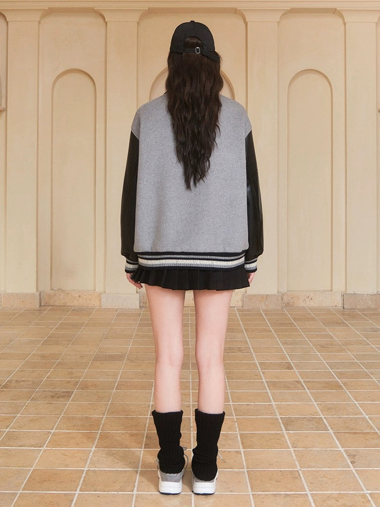 Wool PU Leather Patchwork Baseball Jacket
