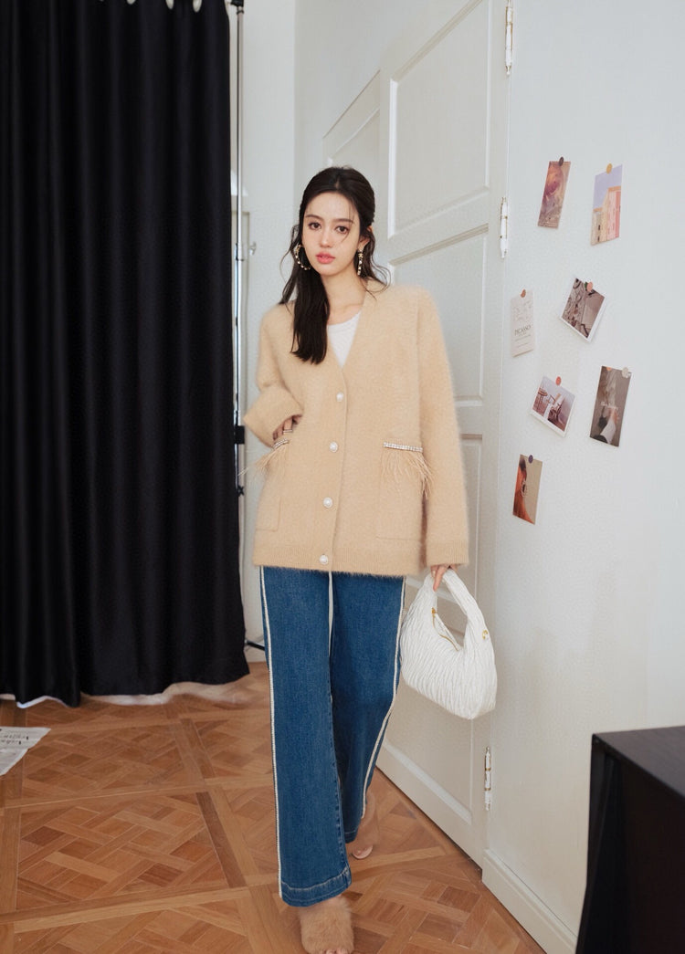 Caramel Raccoon Fur Feather Trim Cardigan