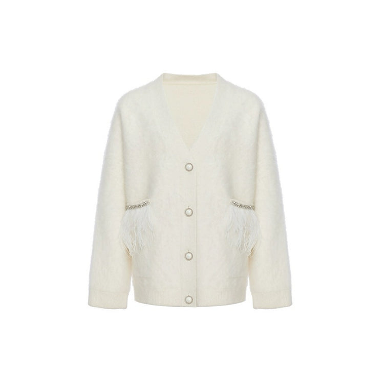White Raccoon Fur Feather Trim Cardigan