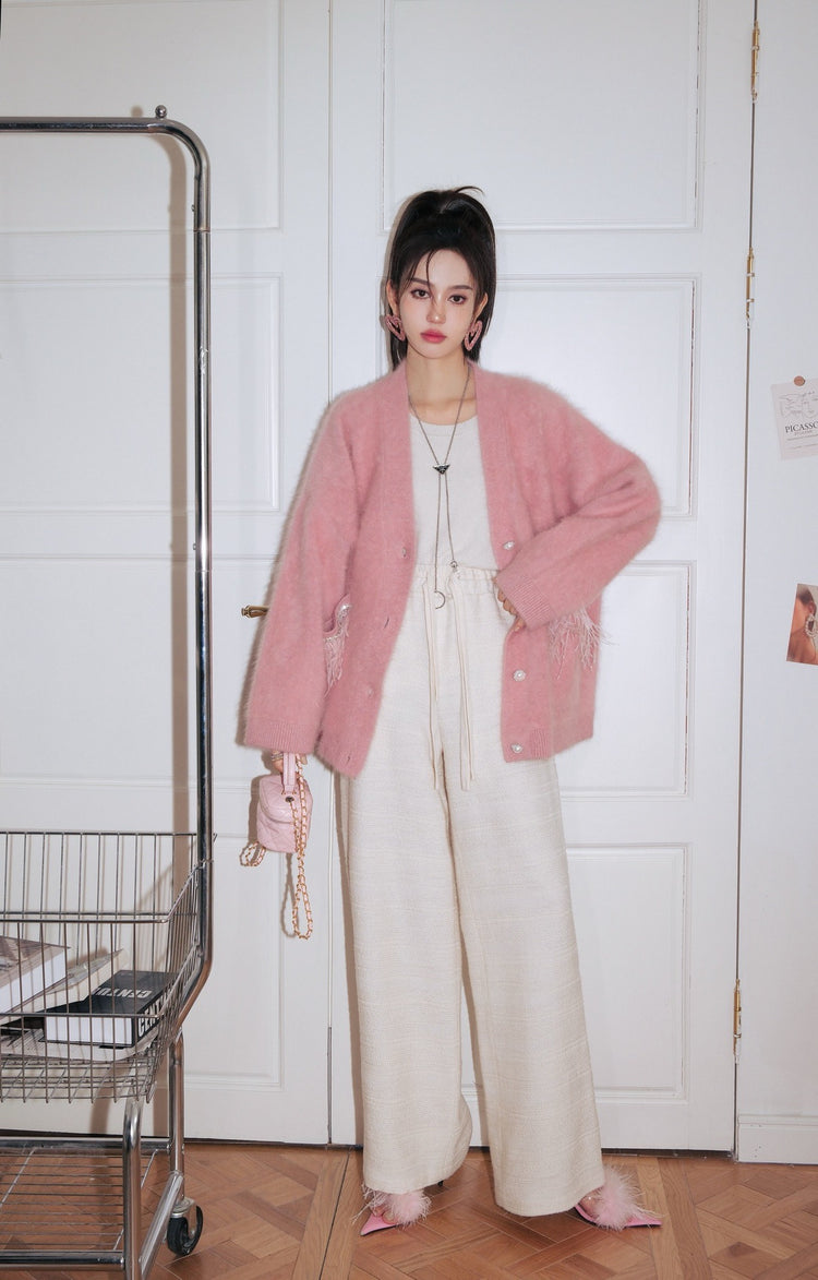 Pink Raccoon Fur Feather Trim Cardigan