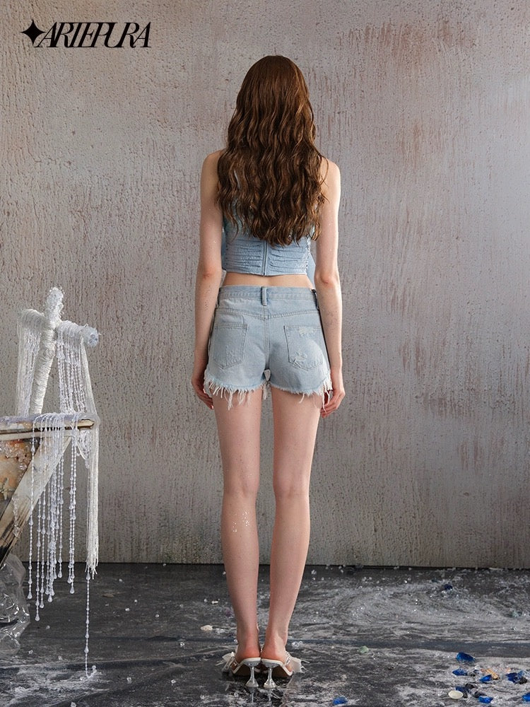 Diamond Beaded Denim Shorts