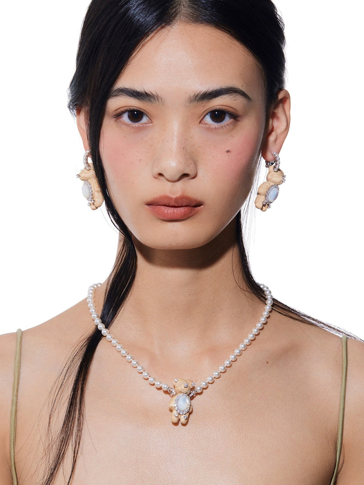 Wooden Bear Pearl Necklace