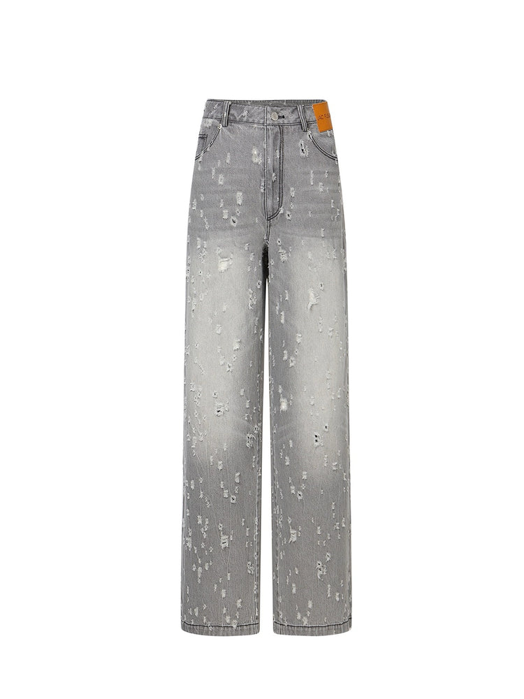 Bullet Hole Straight-leg Leather Patch Denim Jeans