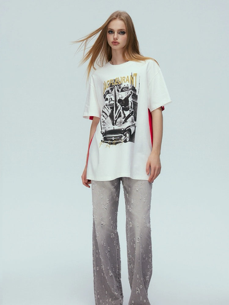 Bullet Hole Straight-leg Leather Patch Denim Jeans