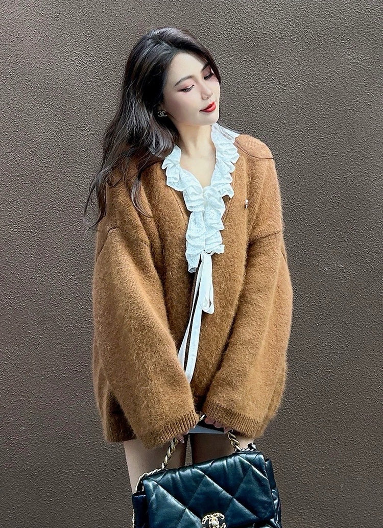 Brown Lace-Trimmed Cardigan