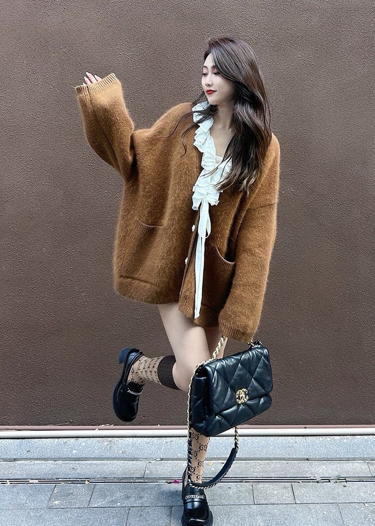 Brown Lace-Trimmed Cardigan