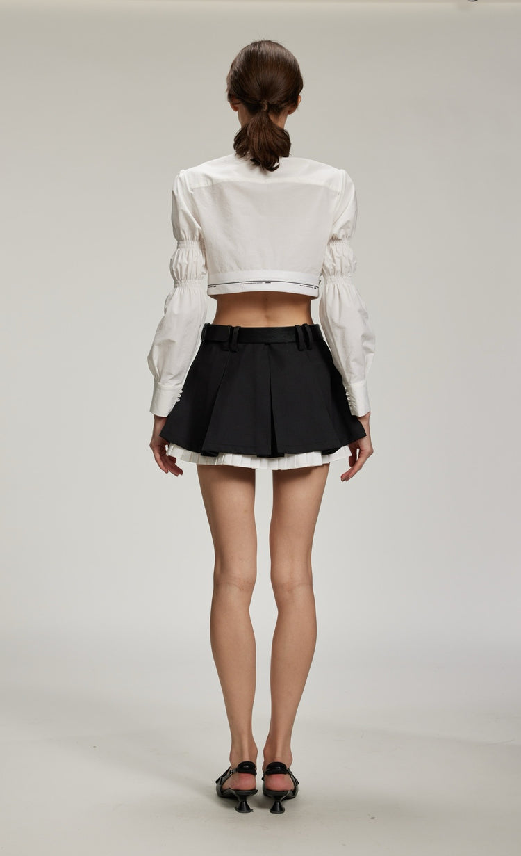 White Trim Black Pleated Short Skirt (With Belt)