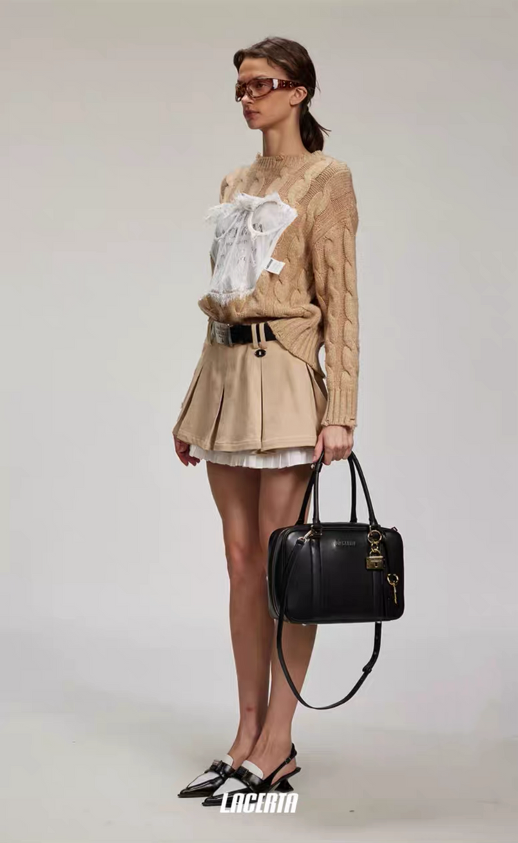 Light Camel Color Pleated Skirt with White Trim (With Belt)