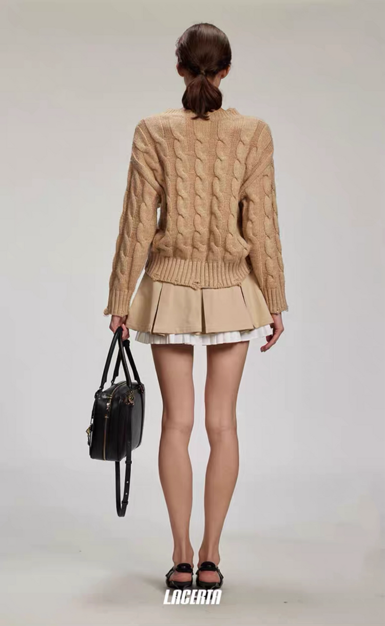 Light Camel Color Pleated Skirt with White Trim (With Belt)